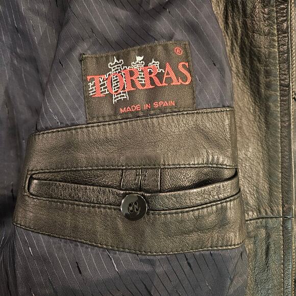Vintage Torras Leather Jacket Mens Size XL Black Zip Front Bomber Spain Retro - Picture 9 of 15